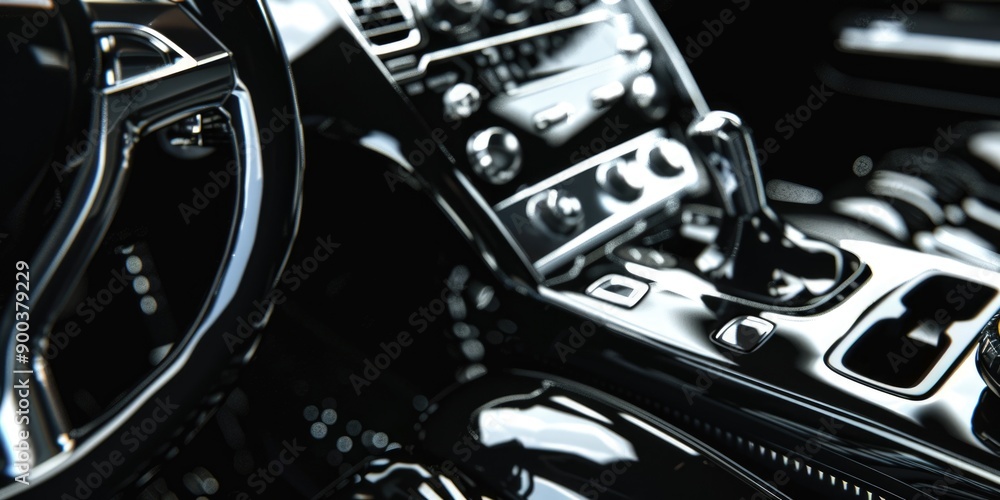 Poster A close-up view of a car's dashboard with the steering wheel and other controls visible