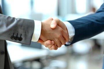 Beautiful close-up of two partners shaking hands in the office during a professional meeting.