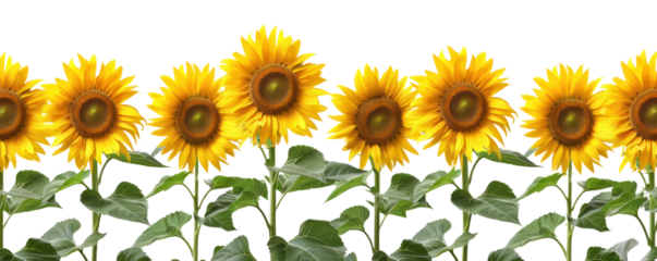 A vibrant row of sunflowers standing tall, showcasing their bright yellow petals against a green backdrop.