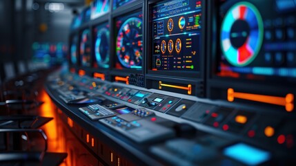 Futuristic control room with illuminated screens displaying data, graphs, and analytics in a high-tech environment.