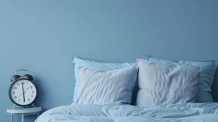 Alarm clock on the pillows. Advertising concept, copy space. 