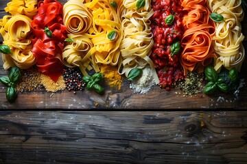 Fototapeta premium Colorful Assortment of Fresh Pasta with Spices on Rustic Wooden Table - Ideal for Culinary Blogs, Food Publications, and Recipe Cards