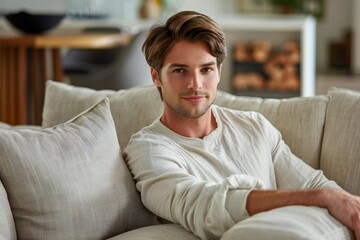 Obraz premium Beautiful young man gracefully moving a sofa in his new home with his partner.