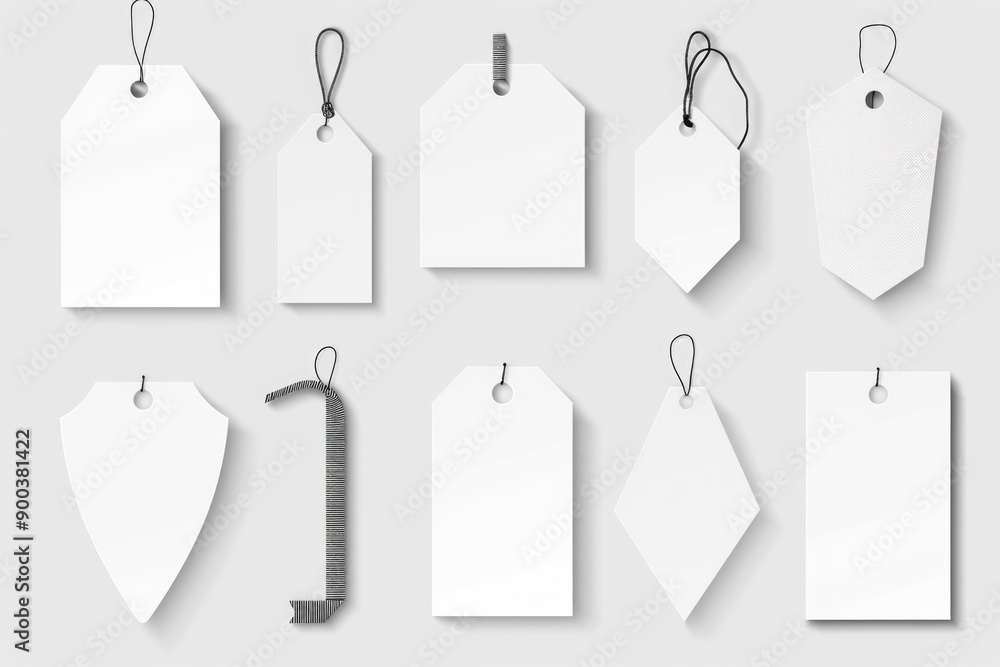 Poster A collection of blank tags suspended from a string, often used for organizing or displaying items