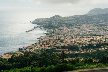 Funchal city of Madeira island Portugal with fortress on the coast of Atlantic Ocean. Aerial view