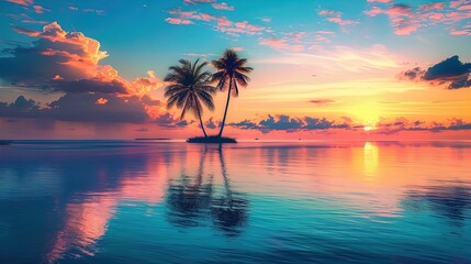 Serene Tropical Sunset Over a Calm Ocean Featuring Two Palm Trees - Perfect for Travel and Nature Themes