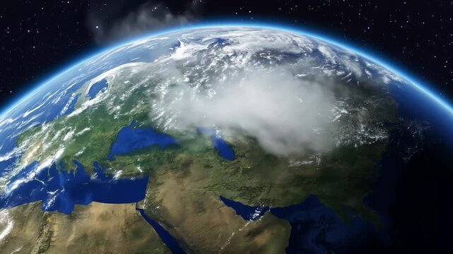 A stunning view of Earth from space highlights clouds over Europe and the Mediterranean Sea against a dark backdrop of the cosmos