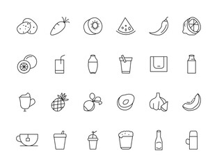 Fototapeta premium Food and drink icon collection set. Thin outline icons. Meat, milk, noodle, soup, bread, egg, cake, sweets, fruits, vegetables, drinks, nutrition, pizza, fish, sauce, cheese icon
