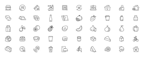 Food and drink icon collection set. Thin outline icons. Meat, milk, noodle, soup, bread, egg, cake, sweets, fruits, vegetables, drinks, nutrition, pizza, fish, sauce, cheese icon