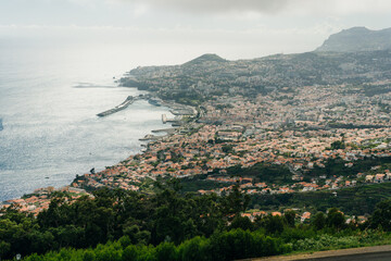 Funchal city of Madeira island Portugal with fortress on the coast of Atlantic Ocean. Aerial view