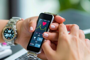 Beautiful hands of a woman displaying heart rate on smart watch and mobile phone.