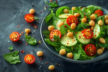 Fresh Chickpea and Spinach Salad with Cherry Tomatoes and Cucumber Healthy Vegetarian Meal Concept