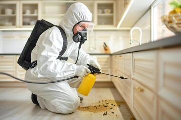 Beautiful man expertly spraying pesticide under the wooden cabinet in the kitchen to control pests.