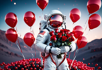 astronaut holding roses amidst shiny red balloons surreal space love concept high resolution high details vibrant