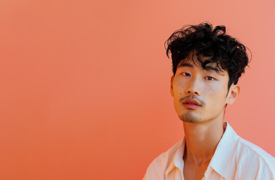 Young Asian man with curly black hair and a light mustache wearing a white shirt against a peach colored background - Powered by Adobe