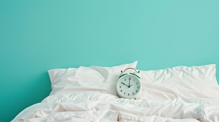 Alarm clock on the pillows. Advertising concept, copy space. 