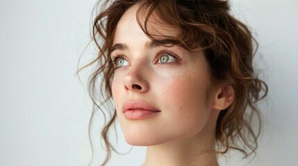 A woman with a thoughtful expression, looking off into the distance against a white background, symbolizing contemplation