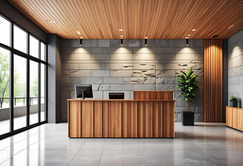 modern lobby wooden reception desk minimalist design gray stone walls large windows high resolution high details vibrant