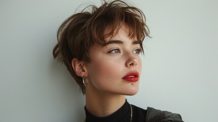 A woman with a short haircut, striking a bold pose against a white background, showcasing modern style and confidence.