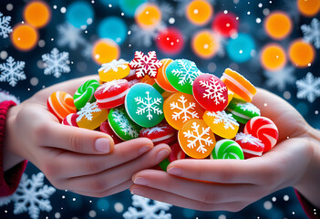colorful candies hand snowflakes vibrant sweet treats winter backdrop festive indulgence concept high resolution high details vibrant