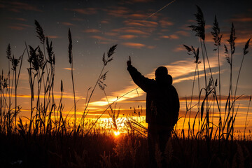 Silhouette of person pointing at bright star in night sky, surrounded by tall grass at sunset, capturing wonder and connection with nature
