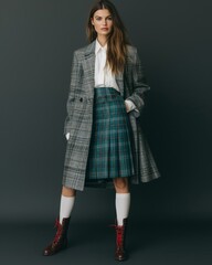 A Fullbody shot of beautiful girl model wearing a grey blazer with a white shirt, blue tartan kilt skirt and red boots in the style of Jacquemus on black sand, with a dark background and studio