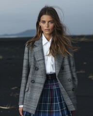A Fullbody shot of beautiful girl model wearing a grey blazer with a white shirt, blue tartan kilt skirt and red boots in the style of Jacquemus on black sand, with a dark background and studio