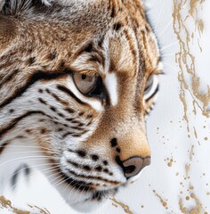 watercolor and ink, textured background of an ancient cave painting depicting the head portrait of a lynx in earth tones with gold accents in the style of an ancient cave painting.