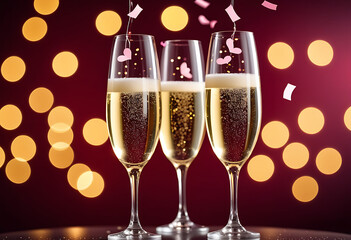 champagne glasses sparkling wine heart confetti valentine day celebration high resolution high details vibrant