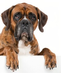 Obraz premium dog with business card, plain backdrop