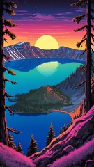 crater lake in oregon retro neon