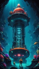 deep sea trench exploration retro neon