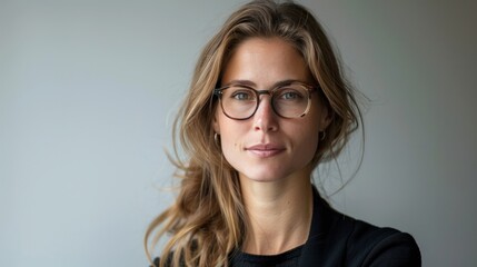 Obraz premium A professional woman with glasses, looking confidently at the camera against a white background, representing intelligence