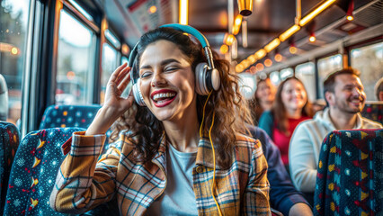 Obraz premium Happy young woman listening to music in the bus. Cheerful girl with headphones sitting in the bus.