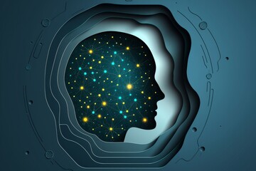 Silhouette with cosmic elements and glowing nodes shades of blue and black detailed and imaginative conceptual and artistic design digital illustration