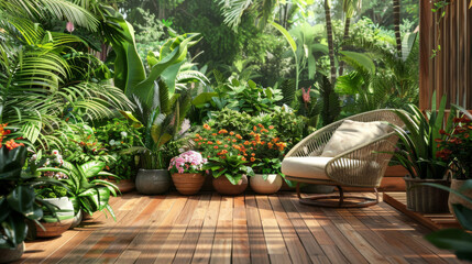 Fototapeta premium A tropical patio with a wicker chair surrounded by lush greenery and sunlight