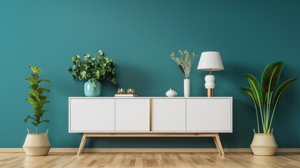 Modern Living Room Setup: Interior Mockup with TV Cabinet and Accessories
