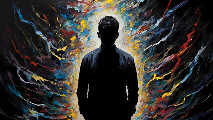 Abstract art of mental health struggles, displaying expression a mix of stress, pain and confusion with copy space for text