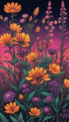 prairie wildflowers retro neon