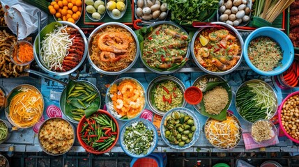 Fototapeta premium A colorful Thai street food market with a variety of prepared dishes