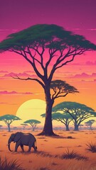 Obraz premium savanna plains with acacia trees retro neon