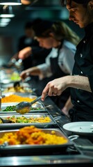 Fototapeta premium A busy restaurant kitchen with a young male chef, staff in black attire, and a well-organized meal preparation scene.
