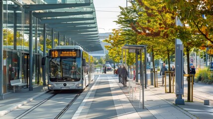 Obraz premium An urban street scene with a white train, passengers in motion, and a bustling city vibe. Tracks, a road, and a man in a black coat add to the lively setting.