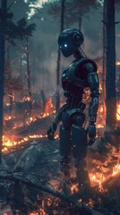 Fototapeta premium A robot in a fiery forest at night, wearing a red suit, surrounded by flames, stones, and trees, creating a dark, intense scene.