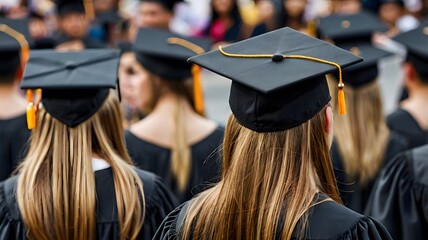 Close up of blurred college students wearing black caps and tassels during graduation ceremony, bokeh effect, copy space concept.