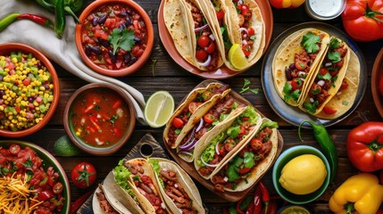 A delicious Mexican taco spread with various fillings and toppings