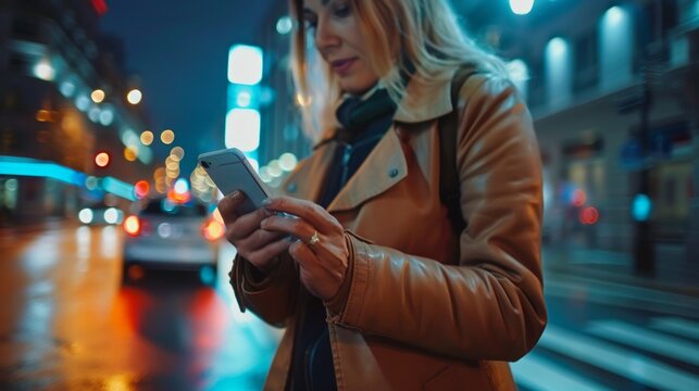 A young woman in a beige coat stands on a wet city sidewalk at night, absorbed in her smartphone amidst vibrant street lights and passing cars.