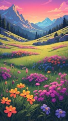 wildflowers in alpine meadow retro neon