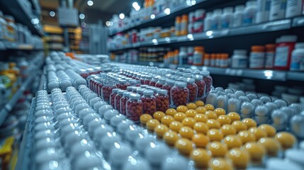 Fototapeta premium pharmacies with colorful pills and capsules neatly arranged on shelves. Organically and visually demonstrates the huge selection of medicines and supplements available to consumers.