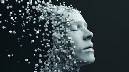Digital Disintegration - Pixelated Human Face Breaking Apart into Data Bits in 3D Blocks on Black Background, Futuristic Concept